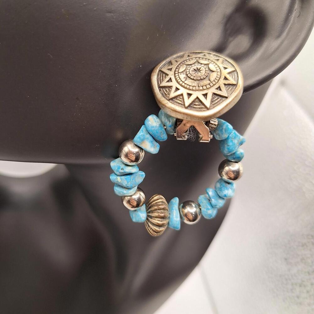 Vintage Faux Turquoise Dangle Hoop Earrings 2-Way Detachable Boho Jewelry